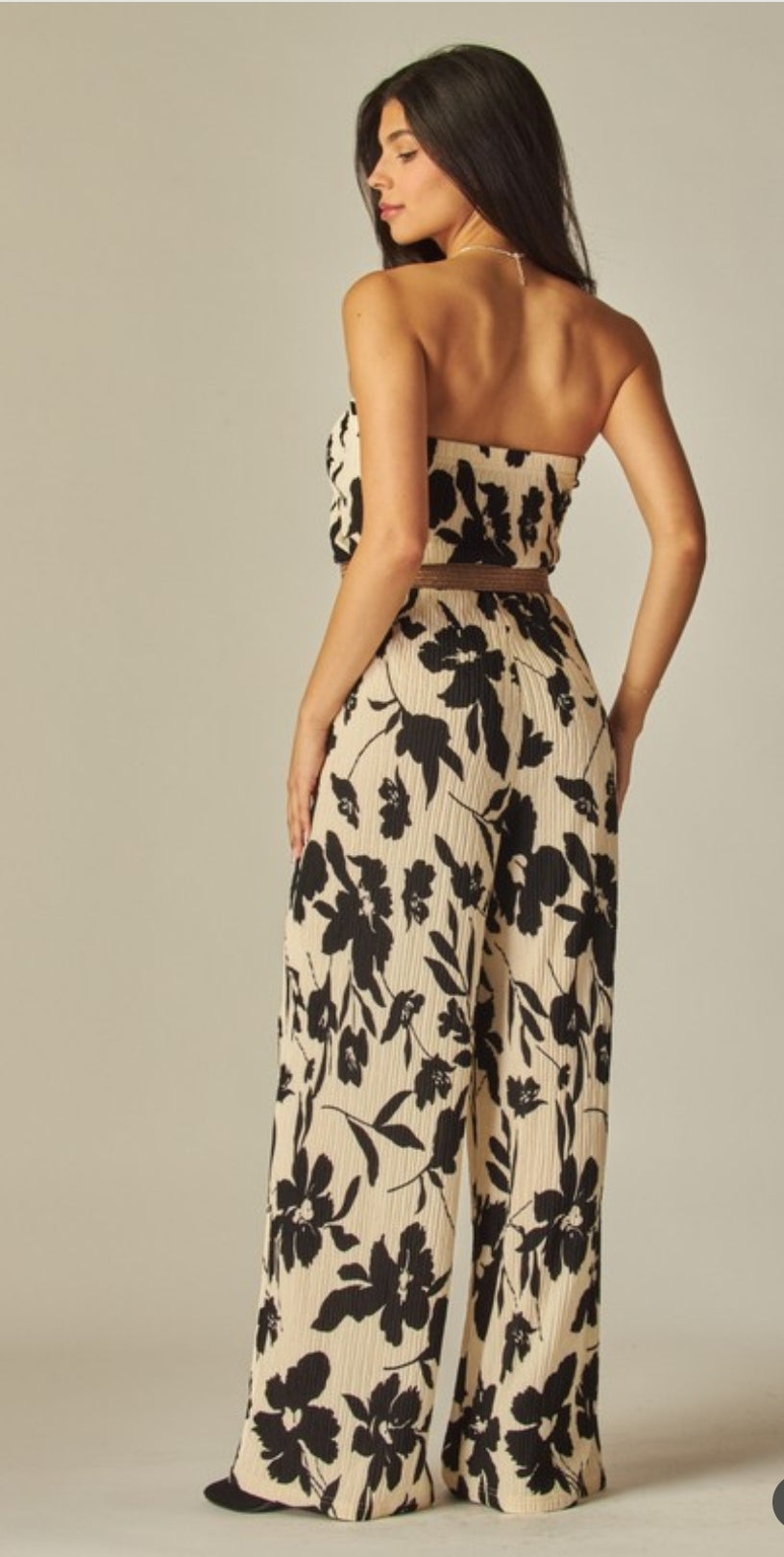 Elegant Strapless Jumpsuit Beige with Gold Belt