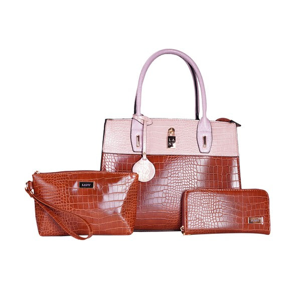 LANY COLOR BLOCK FAUX REPTILE TOTE SET