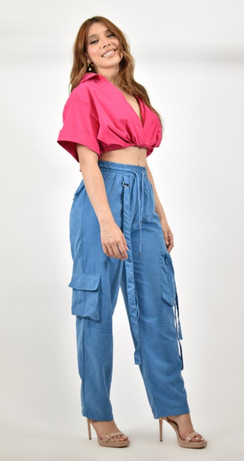 HIGH-RISE ELASTIC WAIST BAGGY CARGO PANTS