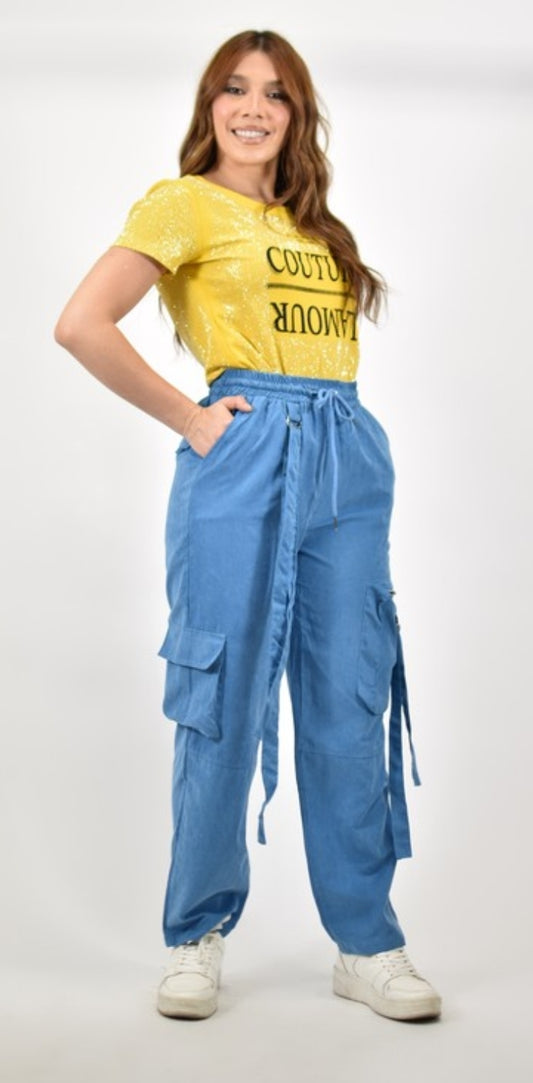 HIGH-RISE ELASTIC WAIST BAGGY CARGO PANTS