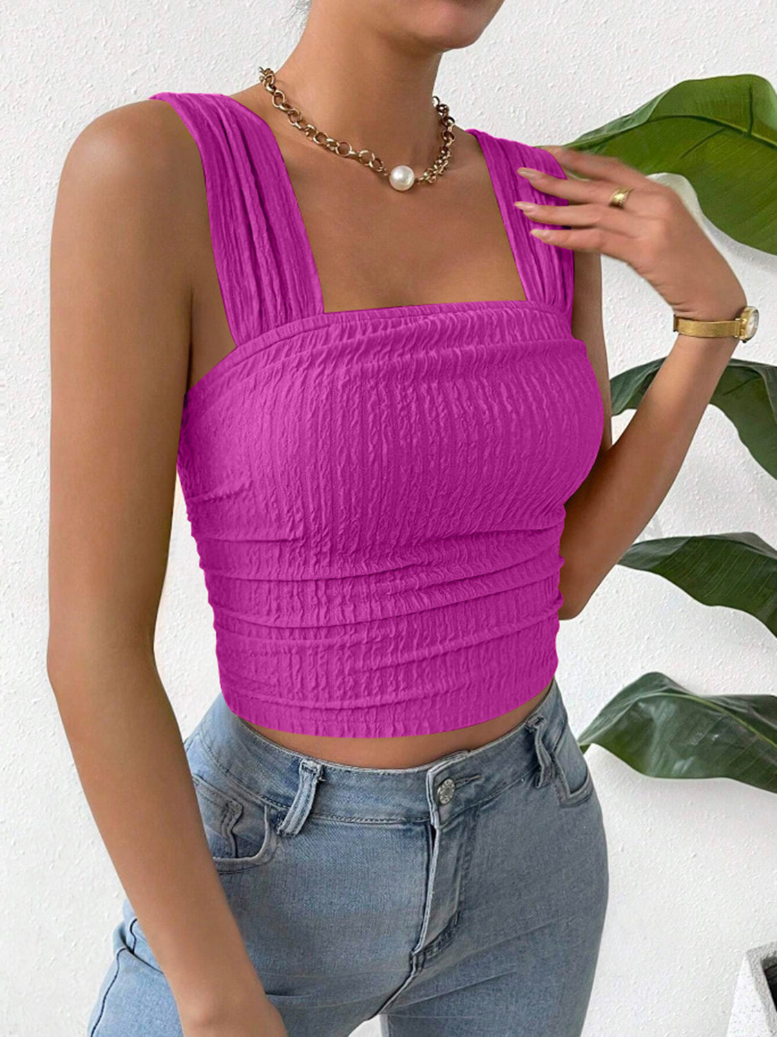 Textured Square Neck Wide Strap Tank