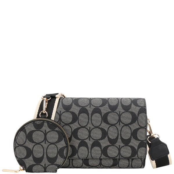 2-in-1 Oval Pattern Print Cross-Body Bag with Coin Purse Pouch Set