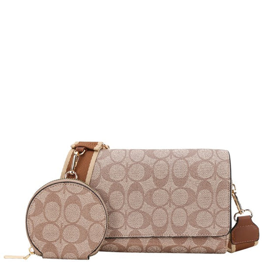2-in-1 Oval Pattern Print Cross-Body Bag with Coin Purse Pouch Set