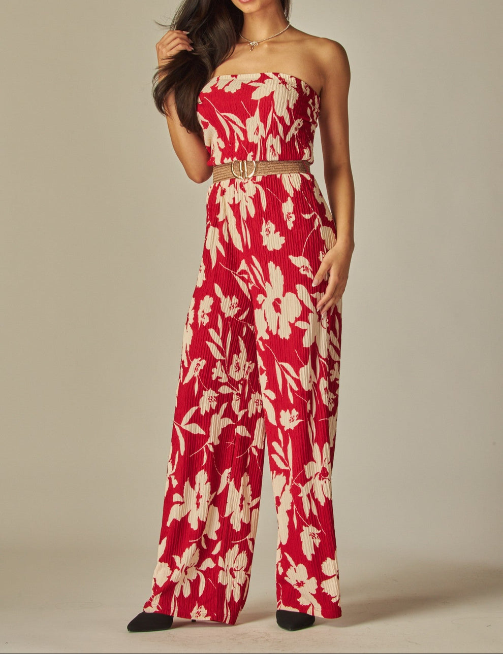 Elegant Strapless Jumpsuit Red with Gold Belt
