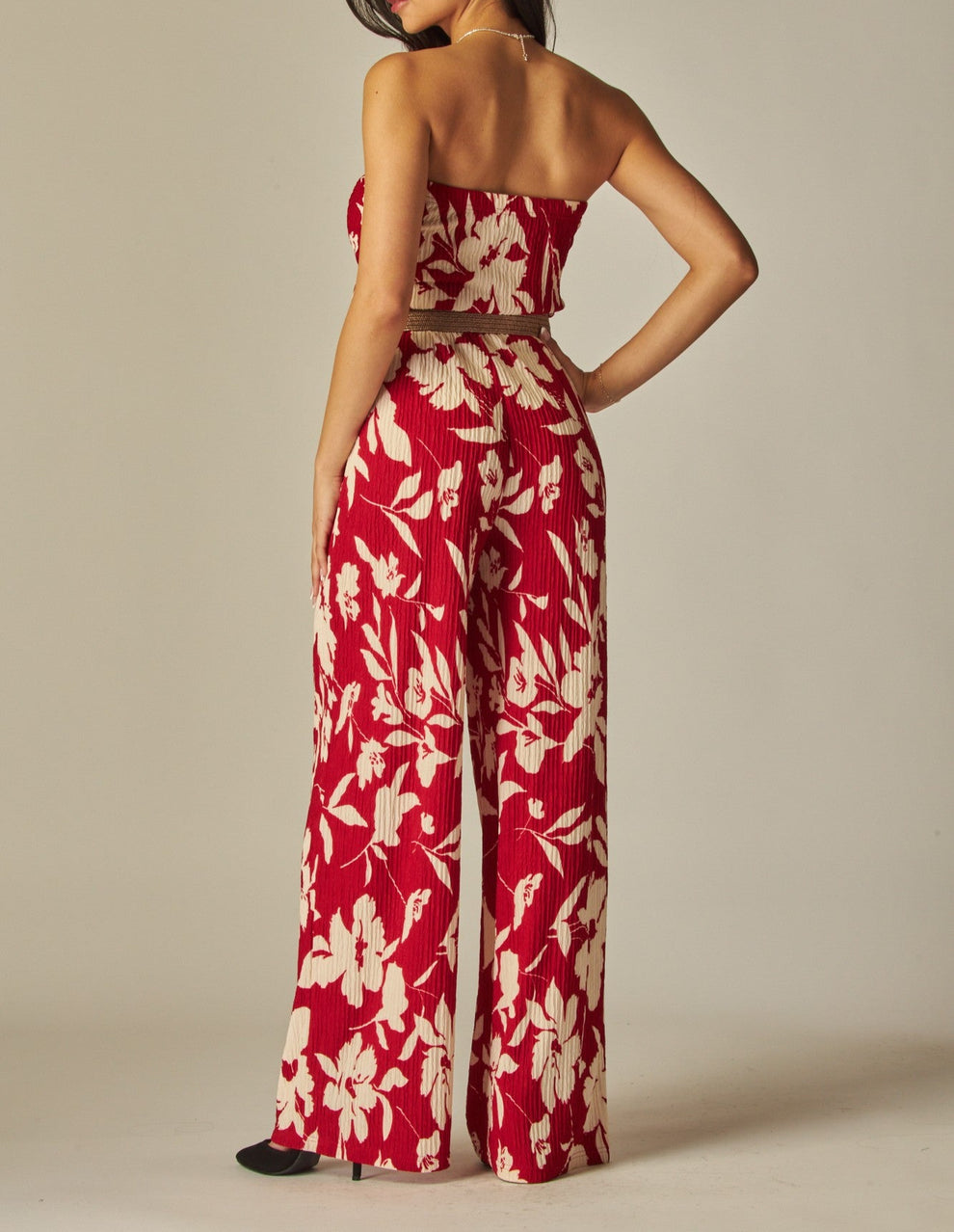 Elegant Strapless Jumpsuit Red with Gold Belt