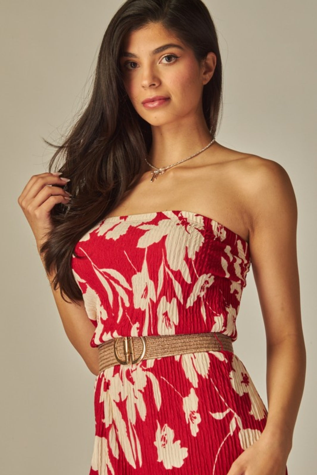 Elegant Strapless Jumpsuit Red with Gold Belt