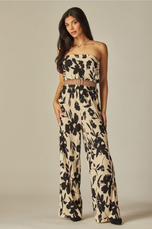Elegant Strapless Jumpsuit Beige with Gold Belt