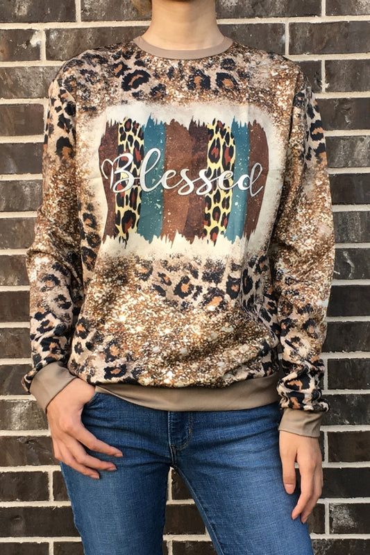 Blessed Leopard Print Pullover Top Long Sleeves