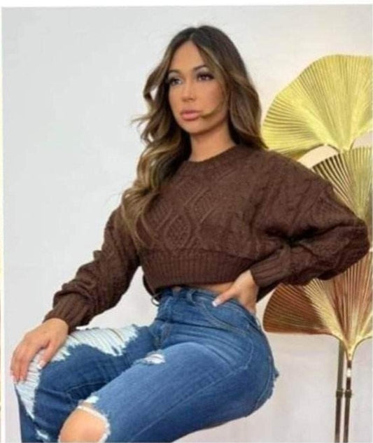 Knitted Style Long Sleeve Cropped Sweater